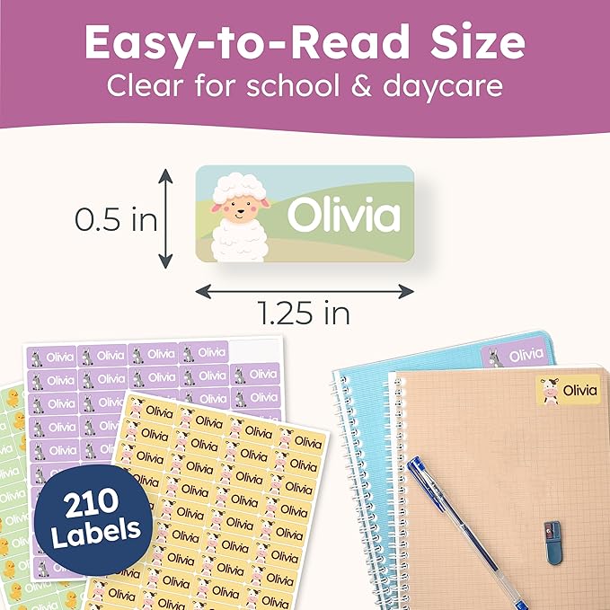 Personalized Name Labels for Kids (210 Labels) - Durable & Waterproof Custom Name Stickers for Clothing Tags, School Supplies, Camp & Daycare - Cozy Farm (1.2”x0.5”)