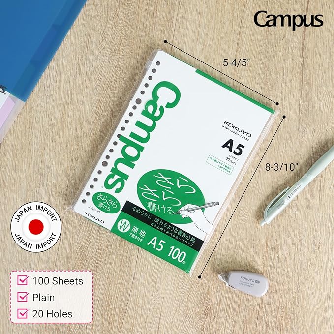 Kokuyo Campus Loose Leaf Paper, A5 Plain Filler Paper, 100 Sheets 75 GSM Sarasara Smooth Writing, 20 Holes, 8-1/4"x6” Binder Notebook Bleed Resistant Paper (NO-807WE)