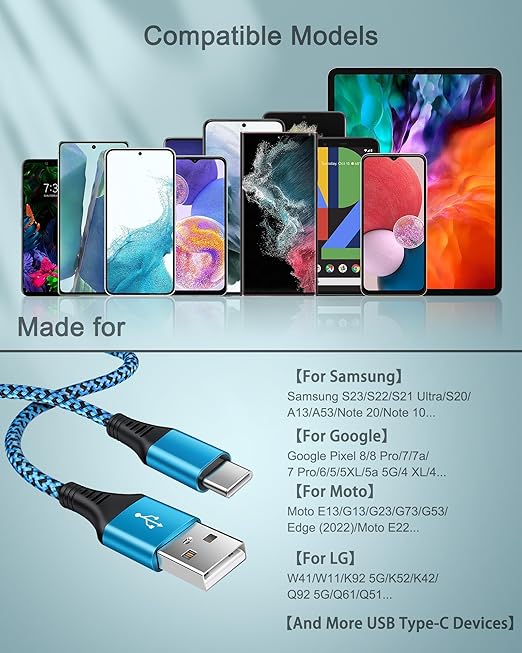 [4Pack/6FT] USB Type C to USB A Cable, 3A Fast Charging Long Android USBC Phone Power Charger Braided Cord for Samsung Galaxy Charger Droid iPhone 17e 17 16e 16 15 Pro Max Moto Android Type-C Cable
