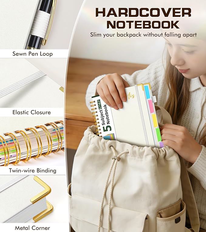 5 Subject Spiral Notebook Journal with Removable Dividers Tabs, 300 Pages Organizer Notebooks for Work School, A5 Hardcover Leather Notebook College Ruled, Lined Journal for Women Men，White