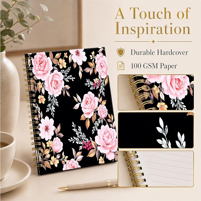 ATJFKIXL Cute Spiral Journal Notebook, A5 120 Page College Ruled Wirebound Notebook, Soft Cover for Students Office Notes and Planning - Black Rose Floral