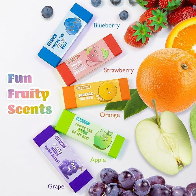 BAZIC Products Scented Erasers, Latex Free, Assorted Fruity Scents, Cute Fun Fruit Eraser Classroom Must Haves for Drawing Art School Office (5/Pack), 1-Pack