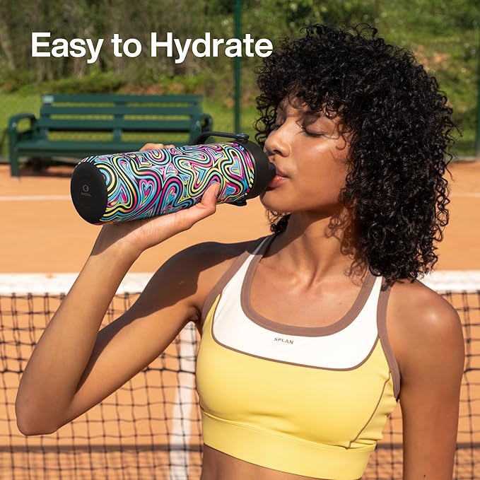 ENCOOL Insulated Water Bottle with Straw Stainless Steel Water Bottle, Leak-Proof, BPA-Free, Double Wall Vacuum Keeps Cold for 24 Hours for Sports, Travel, School (26 oz, Heart Swirl Black)