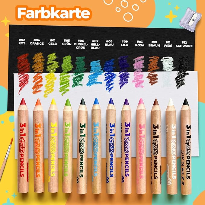 3 In 1 Color Pencil Set for Kids -12 Colored Pencil for Toddlers. Fat Coloring Pencils with Brush and Sharpener - Non-Toxic and Vegan Cute Color Pencils Perfect for Toddler Art Supplies