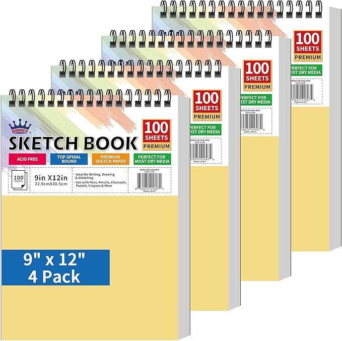 WINNER 9" x 12" Sketch Book 4 Pack, 400 Sheets Spiral Bound Art Sketchbook, 68lb/100gsm White Acid Free Drawing Pad, Sketching Doodling Drawing Writing Sketch Pad, Back to School Art Supplies, Yellow