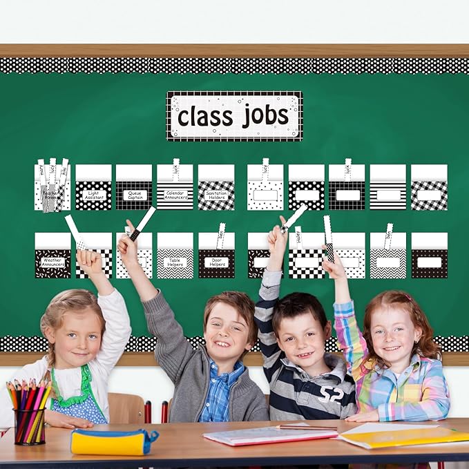 WATINC 97pcs Class Jobs Bulletin Board Set, Classroom Jobs Chart with Name Tags, Back to School Schedule Boards Pocket Behavior Chart for Classroom Chalkboard Walls Decoration (Black White Stripe)