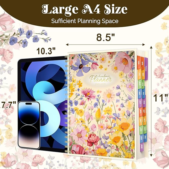 8.5 x11 Academic Planner 2025-2026, June 2025 - Dec 2026 Weekly and Monthly Planner with Colorful Tabs, 19 Months Hardcover College Daily Calendar Organizer for Student Teacher (Floral)