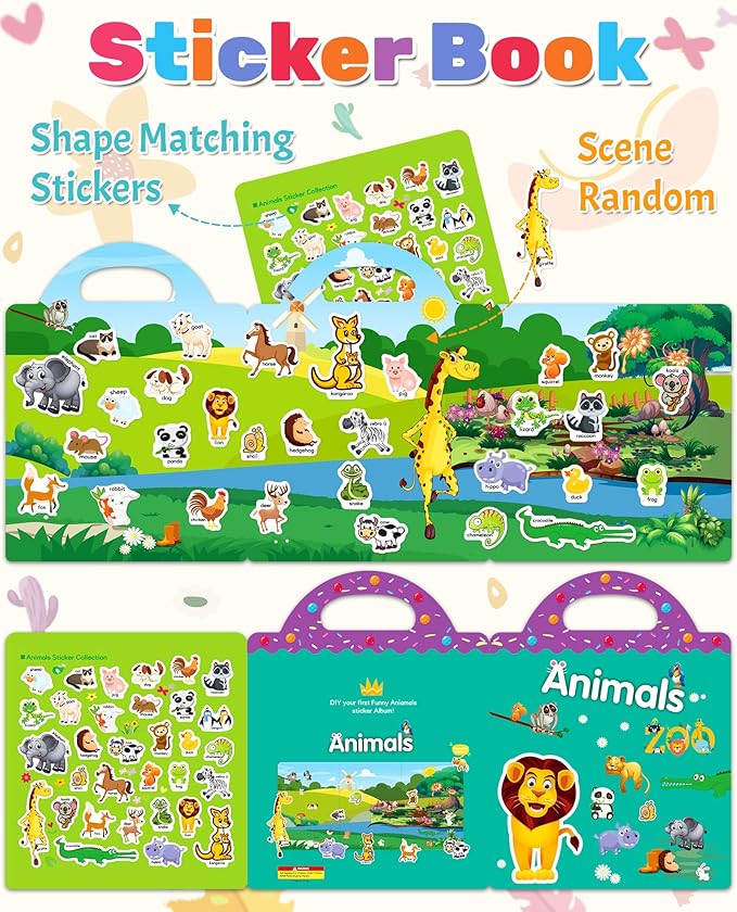 Benresive Reusable Sticker Book for Toddlers, Travel Stickers for Kids, Toddler Crafts Activities Toys, Birthday Gifts for Boys & Girls - Animals Zoo