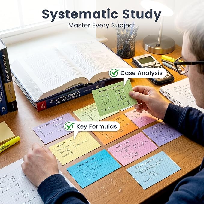 Koogel Index Cards 3x5, 300 Count, Colored Flash Card Lined Ruled on Both Side, Heavyweight Notecards for Back to School Studying Learning College Office Home Taking Notes Supplies, 8 Assorted Colors