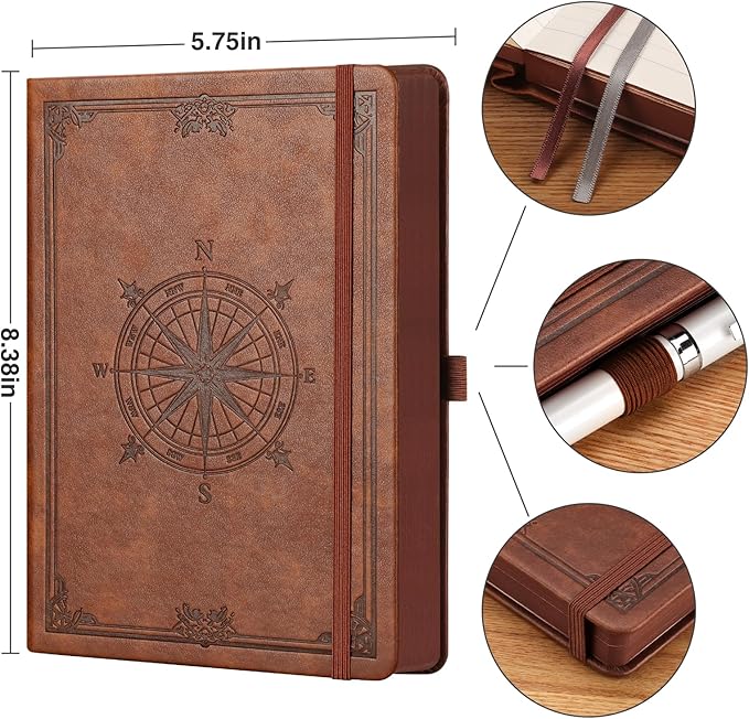 AHGXG Thick Journal Blank Notebook for Men - 320 Numbered Pages A5 Notebook for Writing, 100gsm Plain Paper, Vintage Leather Hardcover, for Women Work Office School, 5.75'' X 8.38''- Brown