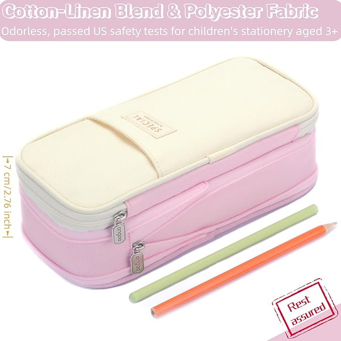 Large Capacity Big Special Cute Aesthetic Preppy Canvas Pencil Case Organizer Holder Pouch Bag with Zipper Compartments, Pen Cases for Women Girls School Adults (Beige/pink)