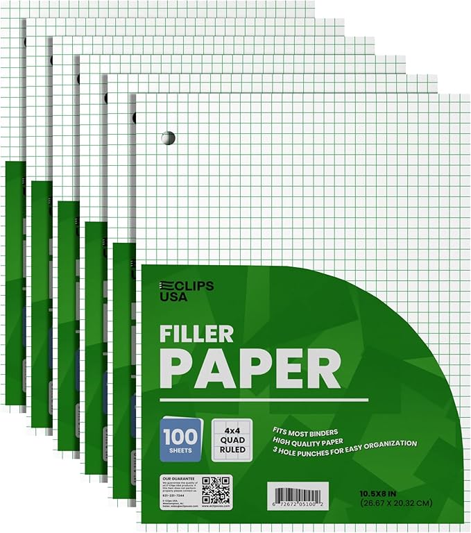 Graph Paper Loose Leaf Paper Quad Ruled Notebook Paper Quad Ruled 4” x 4” Square Lined Writing Filler Paper 10.5” x 8” 600 Sheets 100 Sheets Per Pack 60 gsm (6 Pack)