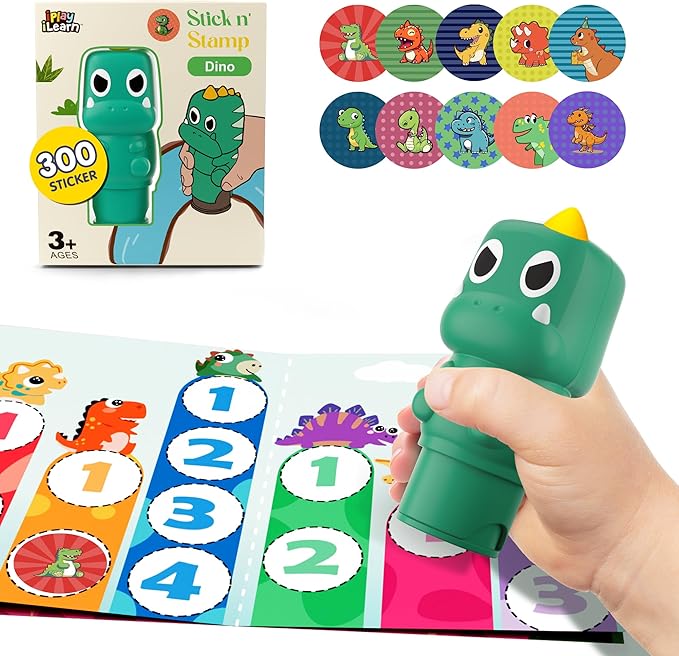 iPlay, iLearn Kid Dinosaur Sticker Stamp Set - 400+ Stickers 18-Page Activity Book, Toddler Creative Mess-Free Art Craft Educational Travel Toy, Birthday Easter Basket Gifts 3 4 5 6 Year Old Girl Boy