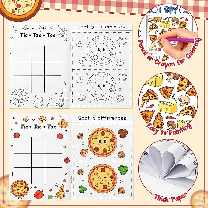 JAPBOR Pizza Activity Coloring Books - 24PCS Mini Pizzas Themed Color Activities Book Bulk for Party Favor, Delicious Food Small DIY Colour Pages for Birthday Gifts Class Drawing Painting Games
