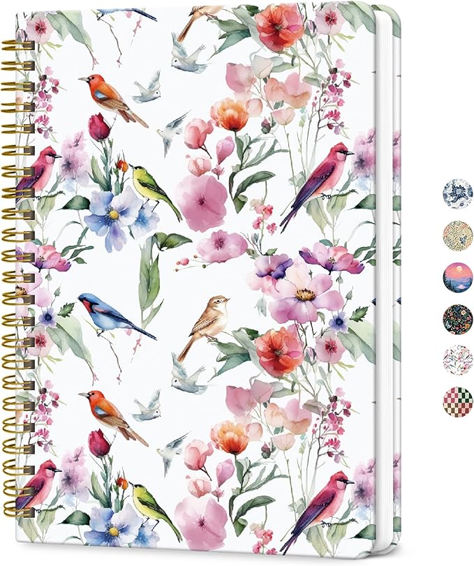 ZOTIA Lined Spiral Journal for Women, A5 Cute Hardcover College Ruled Notebook for Work, School & Note Taking, Aesthetic Writing Journal, 140 Pages (5.8" x 8.3"), Songbird Bloom