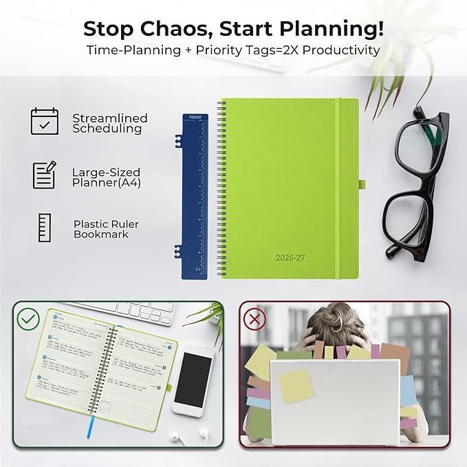 Planner 2026-2027 Daily Weekly and Monthly,11.5"x8.5",18 Months Spiral Bound Calendar Agenda with Self-adhesive Pen Holder,2026 Academic Plan with Vegan Leather Soft Cover,Wasabi Green