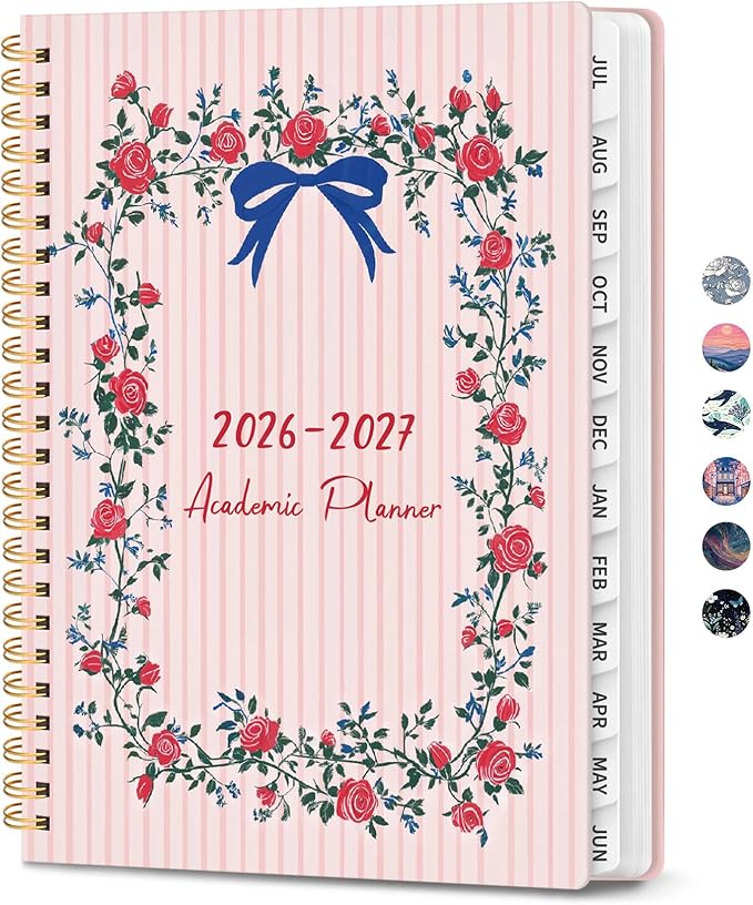 Planner 2026-2027, Hardcover Monthly and Weekly Academic Planner July 2026 - June 2027, Teacher and Student Calendar Agenda Book with Tabs, A5 (6.3" x 8.5"), Ideal for School and Office, Ribbon Wreath