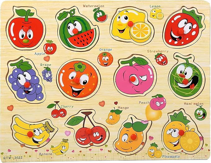 Wooden Fruit Puzzle for Toddlers 3+ Years, Educational Fruit Shape Learning Toy with Board & Blocks, Fun & Engaging Preschool Activity for Boys and Girls