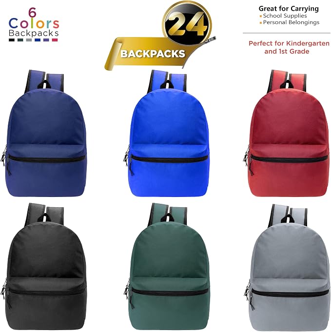 24-Pack 15" Backpacks for Kids - Bookbags in Bulk for Elementary, Middle, and High School Students, 6 Assorted Colors