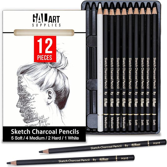 Charcoal Drawing Set with Organizer Tray – 12 Pieces Soft, Medium, Hard and White Charcoal Pencils for Drawing, Shading and Sketching for Artists and Beginners