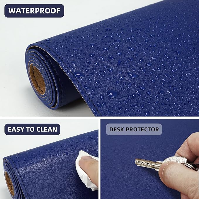AFIING Leather Desk Pad Protector, Large Desk Mat with Natural Cork & PU Leather, Mouse Pad, Non-Slip, Waterproof Desk Writing Pad for Office and Home, Sapphire Blue