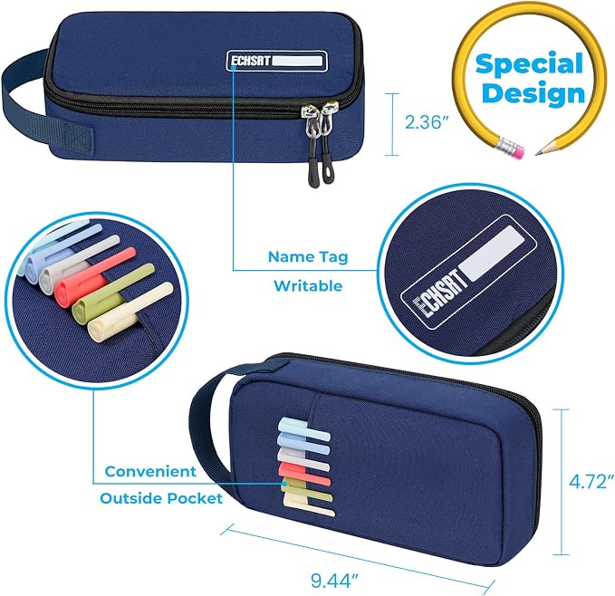 ECHSRT Large Capacity Pencil Case with Hidden Pocket, 1200D Oxford Fabric Zipper Pencil Pouch with Handle, Multi-Pocket Stationery Organizer for Office, College, Travel and Daily Carry, Blue