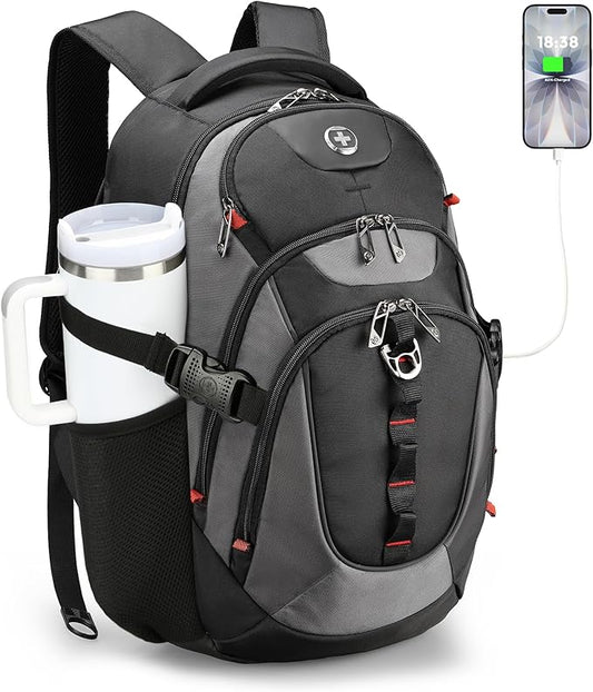 Swissdigital Design Laptop Backpack with USB Charging Port, Travel Backpack Fits 15.6 inches Computer, 31L College School Backpack for Men, Black/Grey | SD803-02