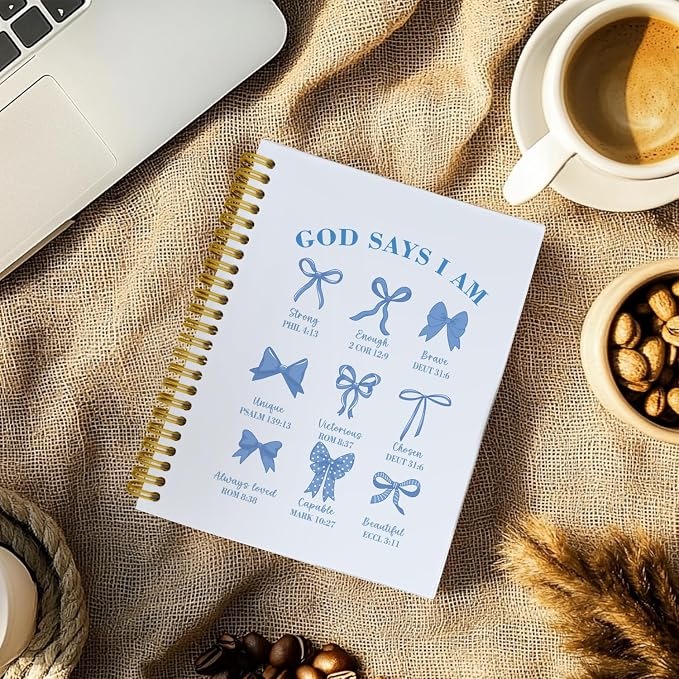 Bible Journal for Women, Christian Prayer Journal Blue Notebook Gifts For Teen Girls Kids, Bible Study Supplies, Coquette Preppy Blue Bows Cute Church Faith Journaling Hardcover Spiral Notebook 5.5 X 8.3