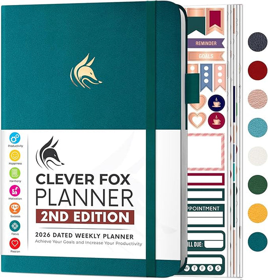 Clever Fox Planner 2nd Edition Dated Jan 2026-Jan 2027 – Colorful Weekly & Monthly Goal Setting Planner, Habit Trackers, Time Management and Productivity Organizer, Gratitude Journal, A5 (Dark Teal)
