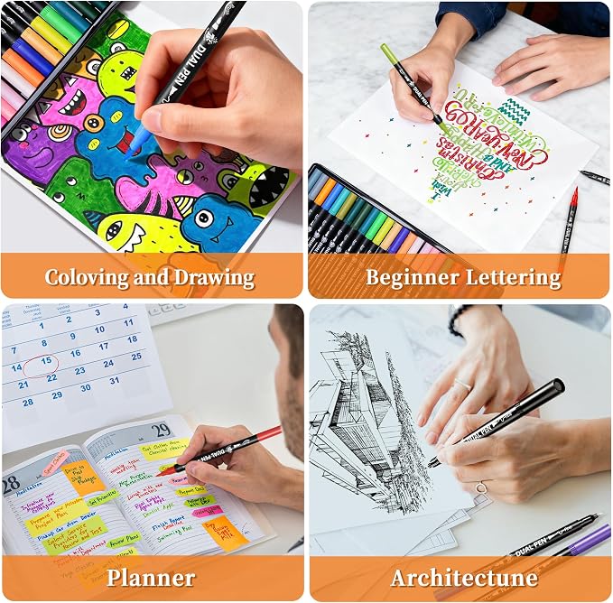 Brush Pens for Adult Coloring Books, 120 Colors Dual Tip Art Markers – Fine Tip for Outlining + Brush Tip for Coloring, Water-Based Non-Bleeding Markers for Journaling, Calligraphy, Hand Lettering