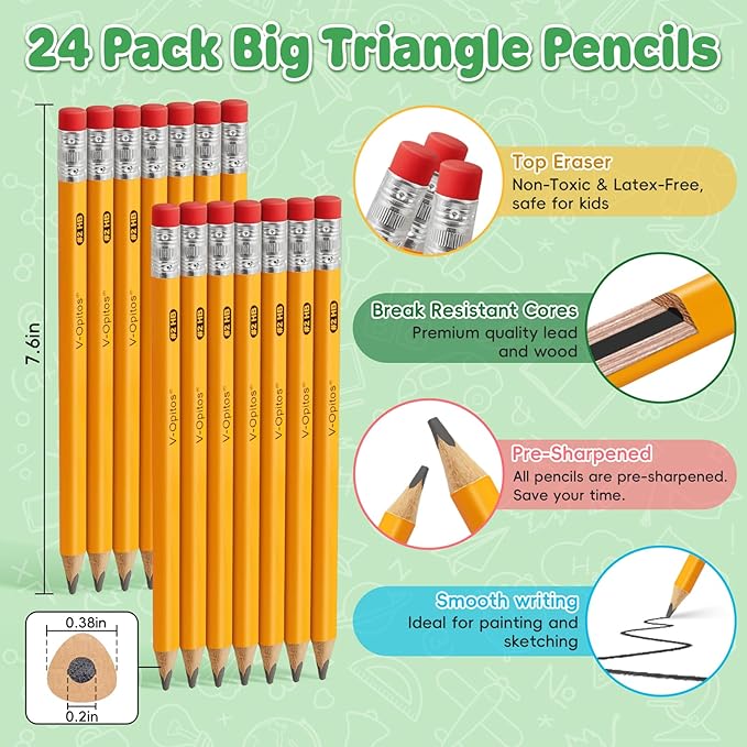 V-Opitos 24 Pack Jumbo #2 HB Pencils for Kids, Triangle Shape Pre-sharpened Wood-Cased Pencils with Top Erasers, Ideal Home, Kindergartens, School Classroom Supplies