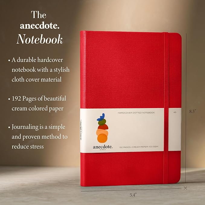 ANECDOTE. Dotted Journal Notebook, 192 Pages, A5 size: 8.3" x 5.4", Thick 100 GSM Paper, Dotted, Hardcover. Journal for Women and Men, Perfect Notebook for School, Work and Travel (Red)