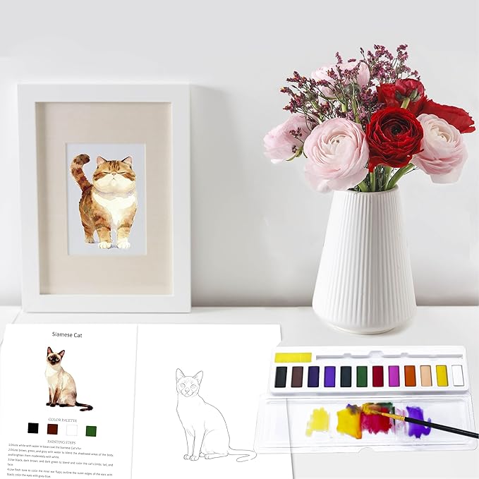 CraftyManor Watercolor Workbook Creative Insect Water color Paint Book Set with Paints & Brush, 12 Patterns of Original DIY Designs, Beginner-Friendly Adult Coloring Books (Cat)