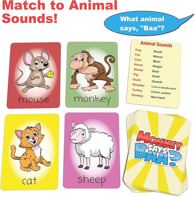 Monkey Says Baa? – Animal Matching Game for Kids Ages 4 and Up | Fun Preschool Learning Activities with Mimicked Animal Sounds & Charades for Sensory Play – Birthday Gift for Boys & Girls