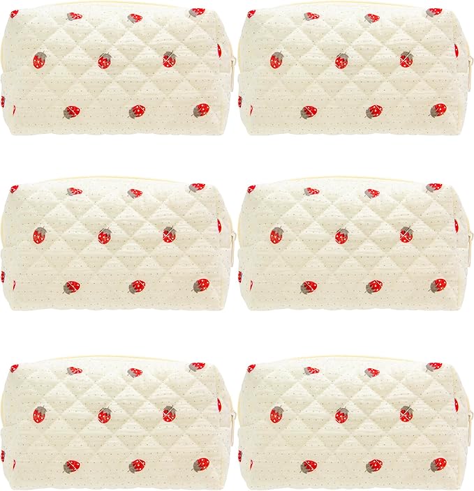 PAZIMIIK 6PCS Vintage Quilted Makeup Bag SET Cosmetic Pouch for Brushes Pencils and Travel Make Up Accessories for Women and Girls Gauze Strawberry
