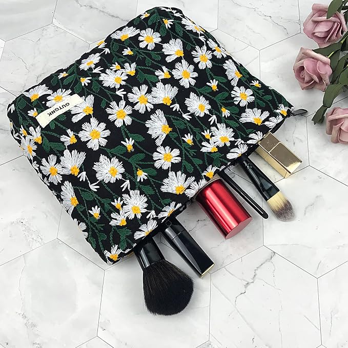 GUTGNK Corduroy Ladies Cosmetic Bag, Large Capacity Canvas Cosmetic Bag Travel Toiletry Bag Accessories Organizer, Black Chrysanthemum
