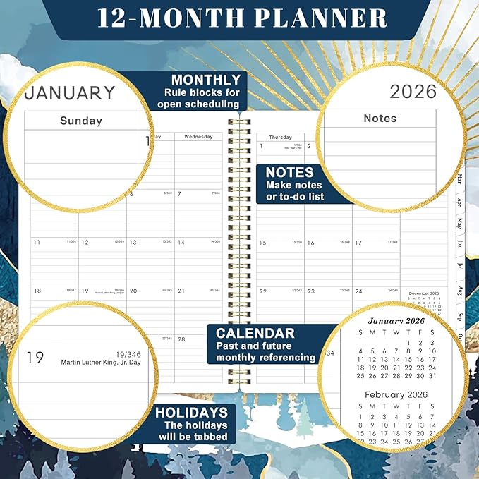 2026 Planner - JAN 2026 - DEC 2026, Planner 2026, 8'' x 10'', 2026 Planners Weekly Monthly, Spiral Bound, Back Pocket, Cardboard Cover
