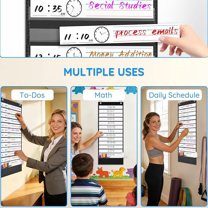 ZKOO Daily Schedule Pocket Chart, School Smart Pocket Chart with 18 Blank Double-Sided Reusable Cards, Teaching Scheduling Pocket Charts for Classroom 13+1 Pocket (Black)