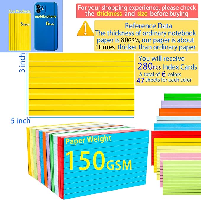 280Pcs Colored Index Cards 3x5 Inch Flash Cards with Lines Note Card Flashcards, Colorful Ruled Card Pad Index Note Books 3 x 5 Notecards for Studying School Supply College Office