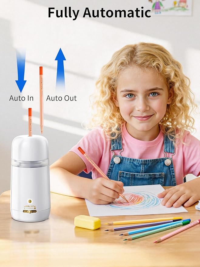 JARLINK Automatic Electric Pencil Sharpener - Hands-Free Operation, 3 Sharpness Modes, 3-Second Sharpening, Rechargeable & Portable for 7-12mm Pencils, Ideal for Classroom and Home Use (White)