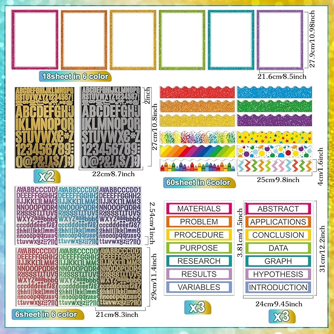 Sinload 92 Pcs Science Fair Board Supplies 60 Trim Scalloped Poster Boards 18 Presentation Subtitles 6 Project Titles 8 Letter Sticker for Classroom Display Boards (Glitter Neon,Wave)