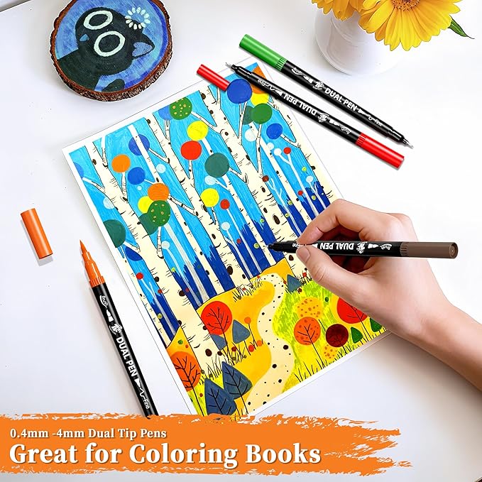 Brush Pens for Adult Coloring Books, 120 Colors Dual Tip Art Markers – Fine Tip for Outlining + Brush Tip for Coloring, Water-Based Non-Bleeding Markers for Journaling, Calligraphy, Hand Lettering