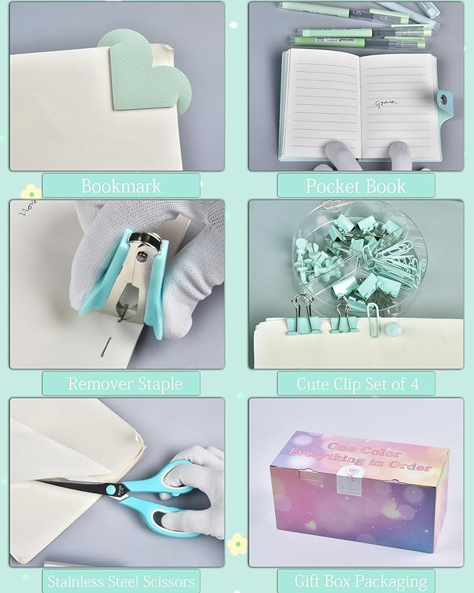 Green and Blue Desk Accessories, 26Pcs Office Supplies and Desk Organizers, with Tape Dispenser, Stapler, Staple Remover, Ect,Christmas Gifts