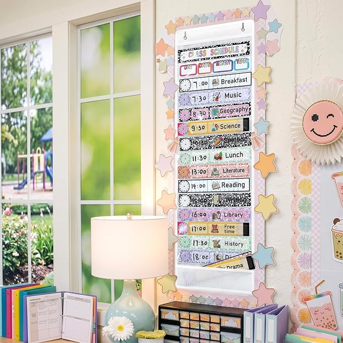 Gueevin Daily Schedule Pocket Chart for Classroom, 15+1 Pockets with 32 Pcs Double-Sided Reusable Cards Daily Schedule Pocket Chart Decor for Classroom School Home Activity Office Supplies(Mix)