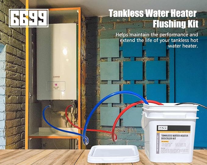 Tankless Water Heater Flushing Kit, 1/6 HP Pump, 2 Hoses, 3 Gal Pail | Complete tankless water heater flushing kit with 1/6 HP pump, two 6 ft hoses, 3 gal pail, adapters, washers and lid opener.