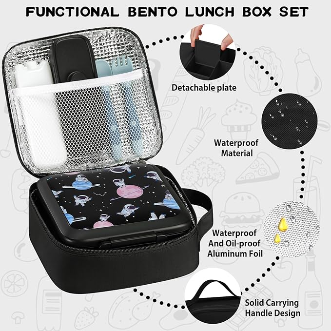 JXXM Bento Lunch Box for Kids With 8oz Soup Thermo,Leak-proof Lunch Containers with 5 Compartment,Thermo Food Jar and Lunch Bag, Food Containers for School (A-Black(Circumnavigate Space))