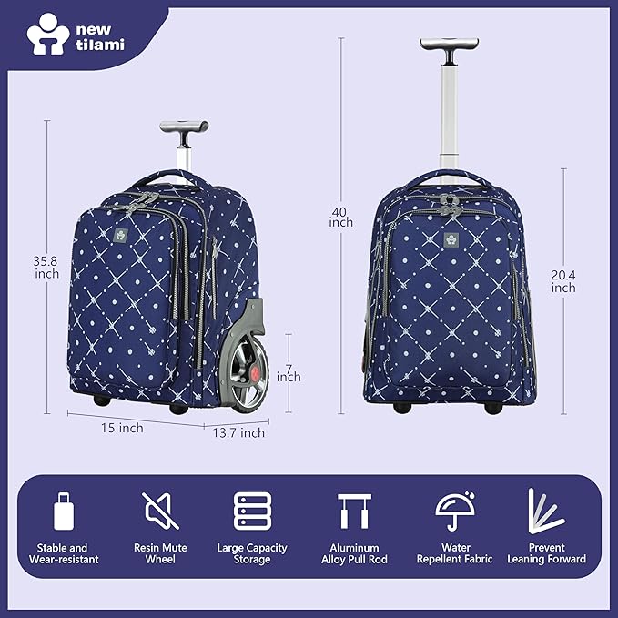 NEW TILAMI 20" Rolling Backpack for Teens Adults, Climbing Stairs Waterproof Backpack with Wheels for School Business Trave Camping with Laptop Compartment, Fit 17 Inch Laptop, Navy Bling