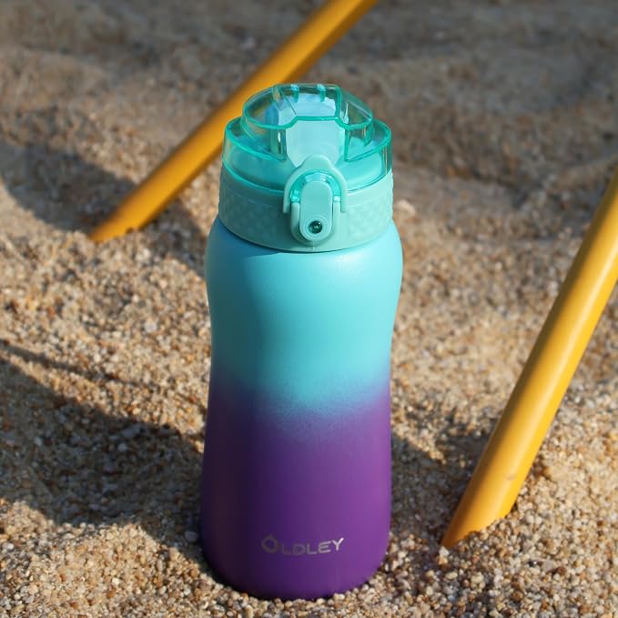Oldley Insulated Water Bottles 12oz Kids Water Bottle with Straw, Stainless Steel Water Bottle with 2 Lids, Double Wall Vacuum Bottle, Leak-Proof Sports Bottles for School Travel, Green Purple
