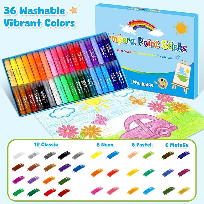 Tempera Paint Sticks For Kids 2-4, 36 Assorted Colors Washable Paint Set, Back to School Art Supplies for Toddler 1-3, Ideal Basket Stuffers for Boys Girls
