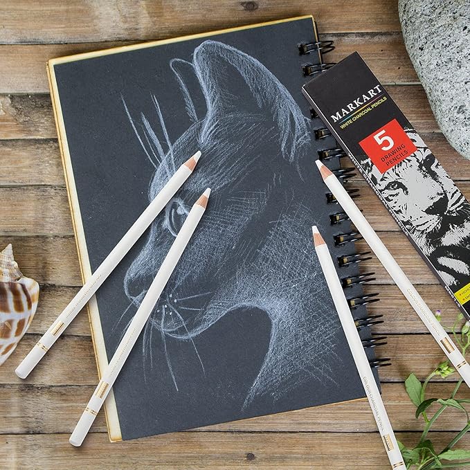 MARKART Professional White Charcoal Pencils Set, 5 Pieces Sketch Highlight Charcoal Pencils for Drawing, Sketching, Shading, Blending, White Chalk Pencils for Beginners & Artists